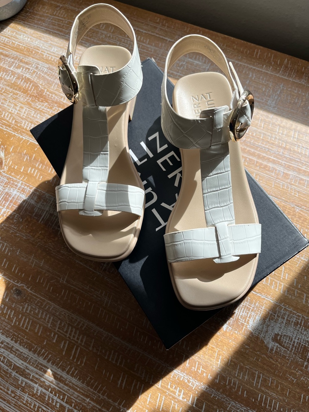 Naturalizer Brandy White Croc-Embossed T-Strap Sandals